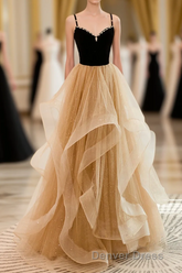 A-Line Champagne Tulle Sweetheart Beaded Long Prom Dresses, Tulle Layers Party Dresses